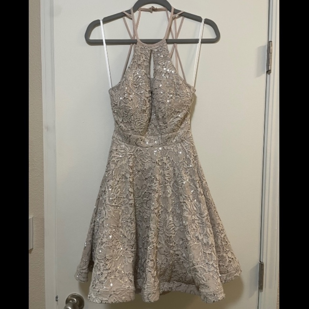 Lace and Sequins Light Purple Halter Neck Dress